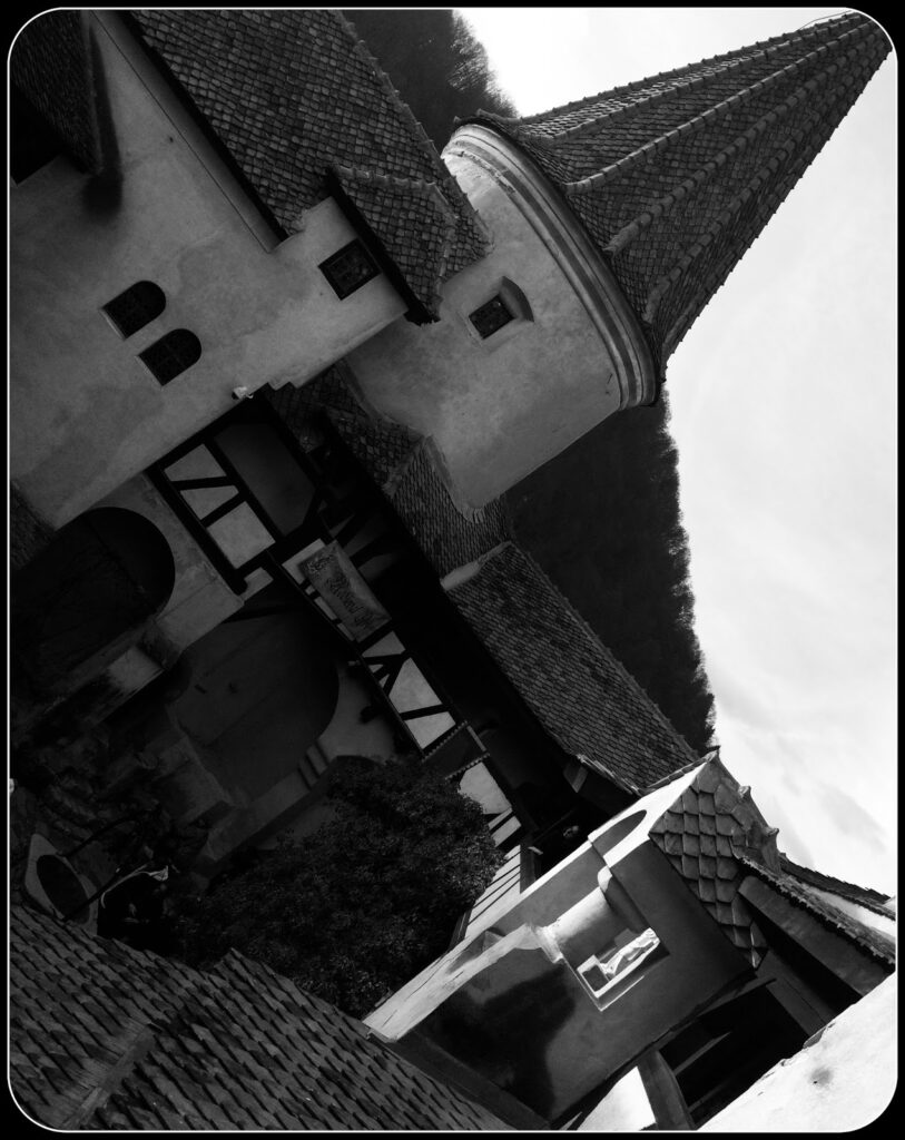 Black and white tilted polaroid photograph of the inner courtyard of Bran Castle in Romania, with a scale-tiled conical slate tower, wooden walkways, overlapping rooftops and vegetation, against a white sky.