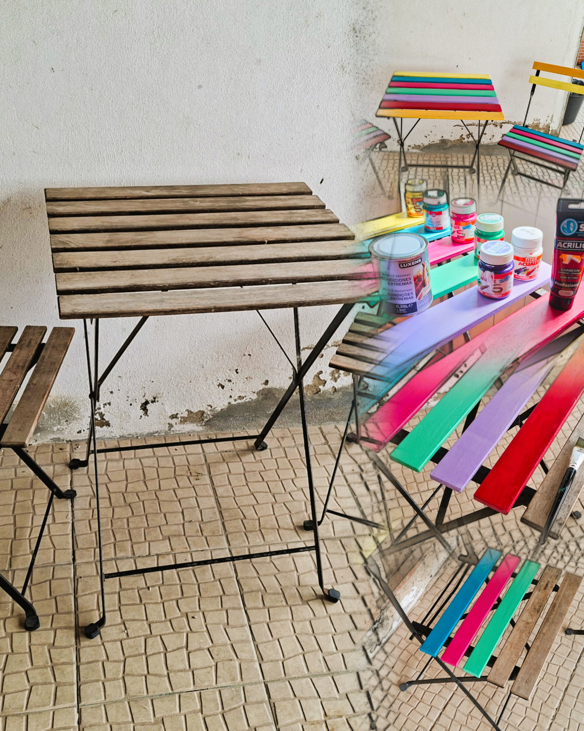 Collage showing the wooden furniture before and during the painting process with bright colors.