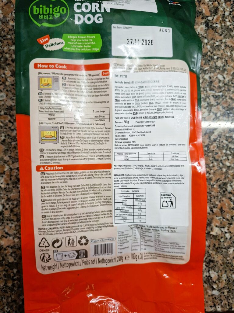 Back of the Bibigo corn dog package with cooking instructions and nutritional information.